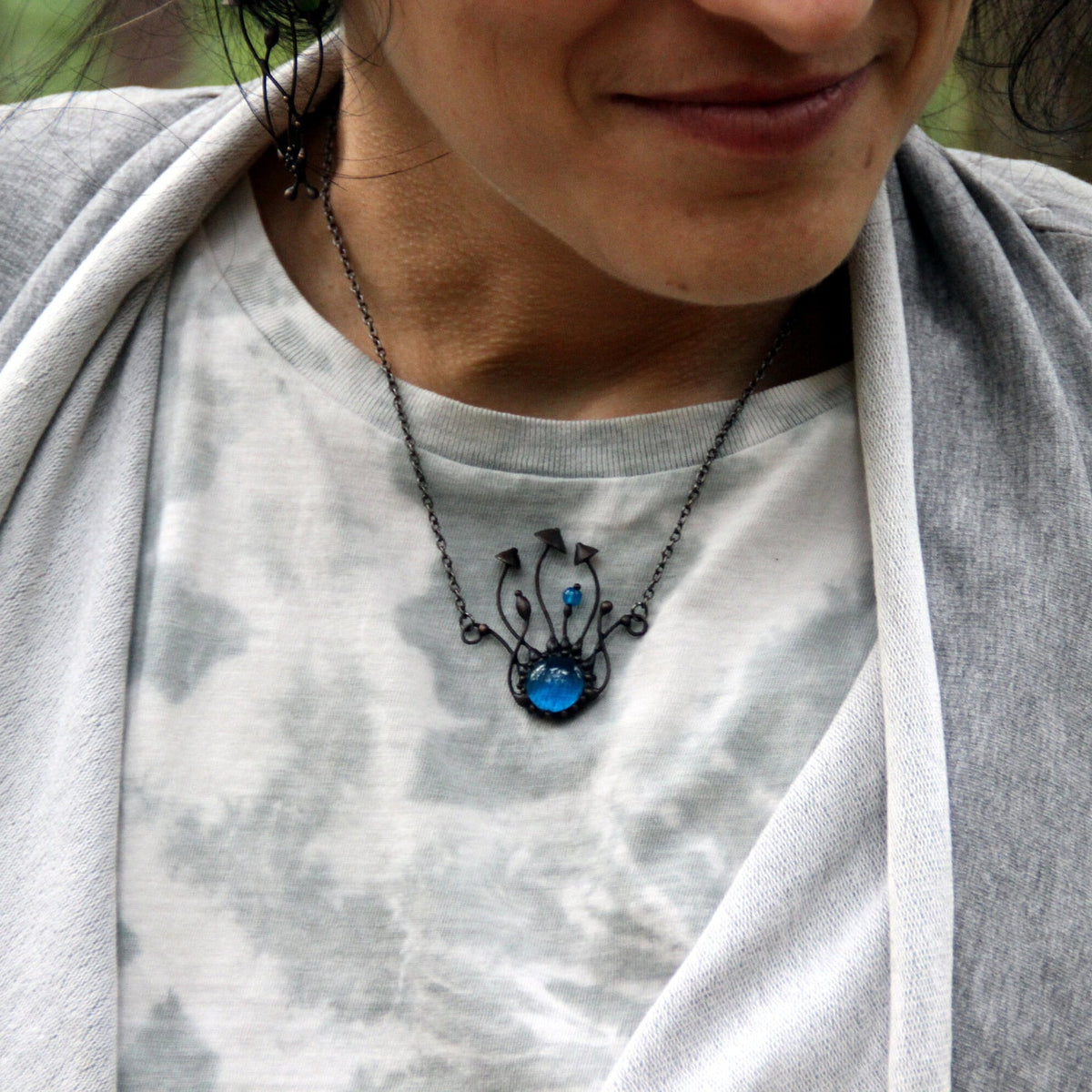 Blue Glass Mushroom Necklace – Blackened Copper & Pewter Forest Pendant – Woodland