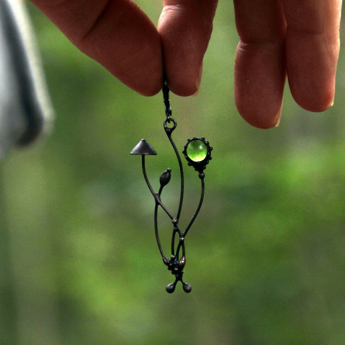 Green Glass Mushroom Single Earring – Blackened Copper & Pewter Woodland Dangle – Fairycore