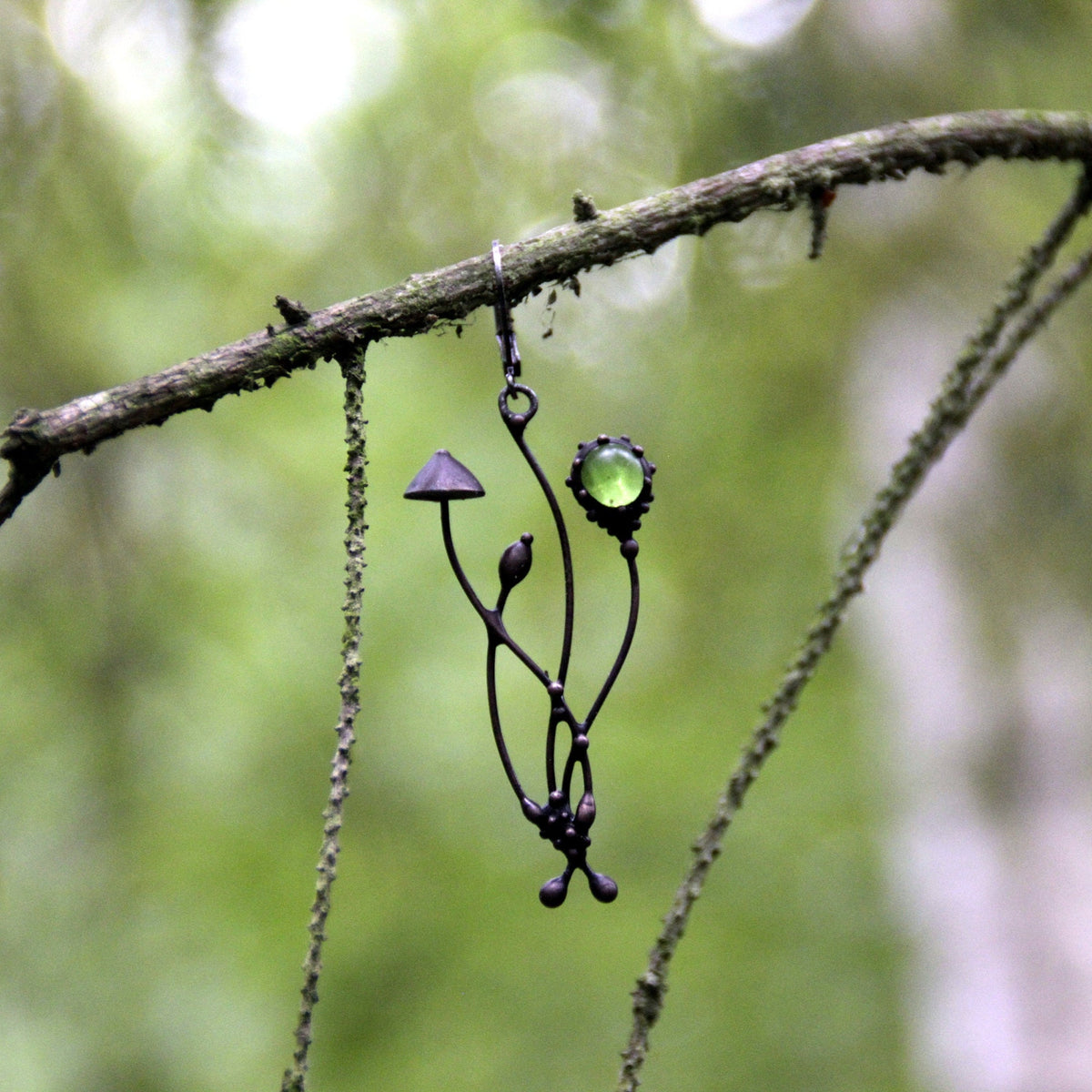 Green Glass Mushroom Single Earring – Blackened Copper & Pewter Woodland Dangle – Fairycore