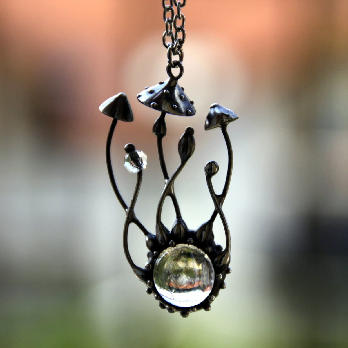 Clear Glass Amanita Mushroom Necklace – Silver Tone