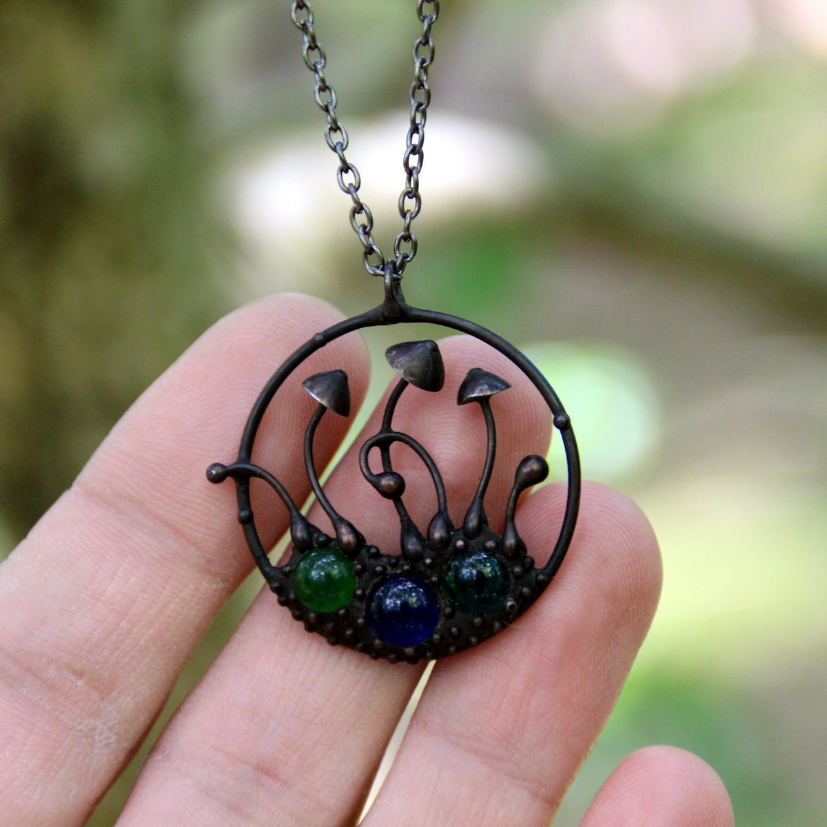 Multicolor Glass Mushroom Necklace – Blackened Copper Round Forest Pendant – Botanical