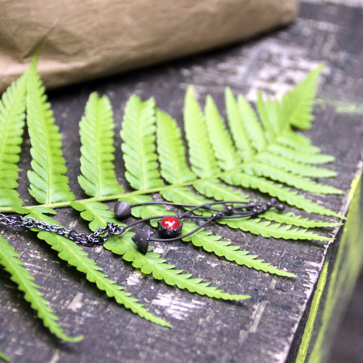 Red Glass Mushroom Necklace – Blackened Copper & Pewter Forest Pendant – Botanical