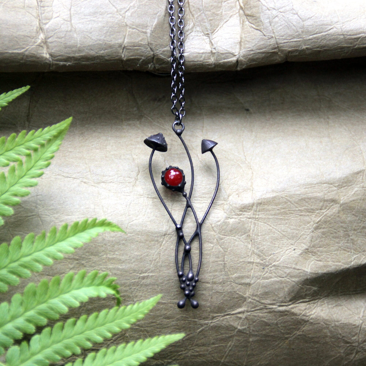 Red Glass Mushroom Necklace – Blackened Copper & Pewter Forest Pendant – Botanical