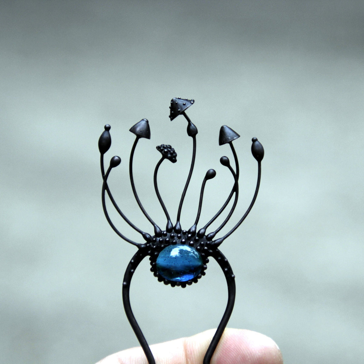 Blue Glass Mushroom Hair Pin – Blackened Copper Forest Hair Fork – Fairycore