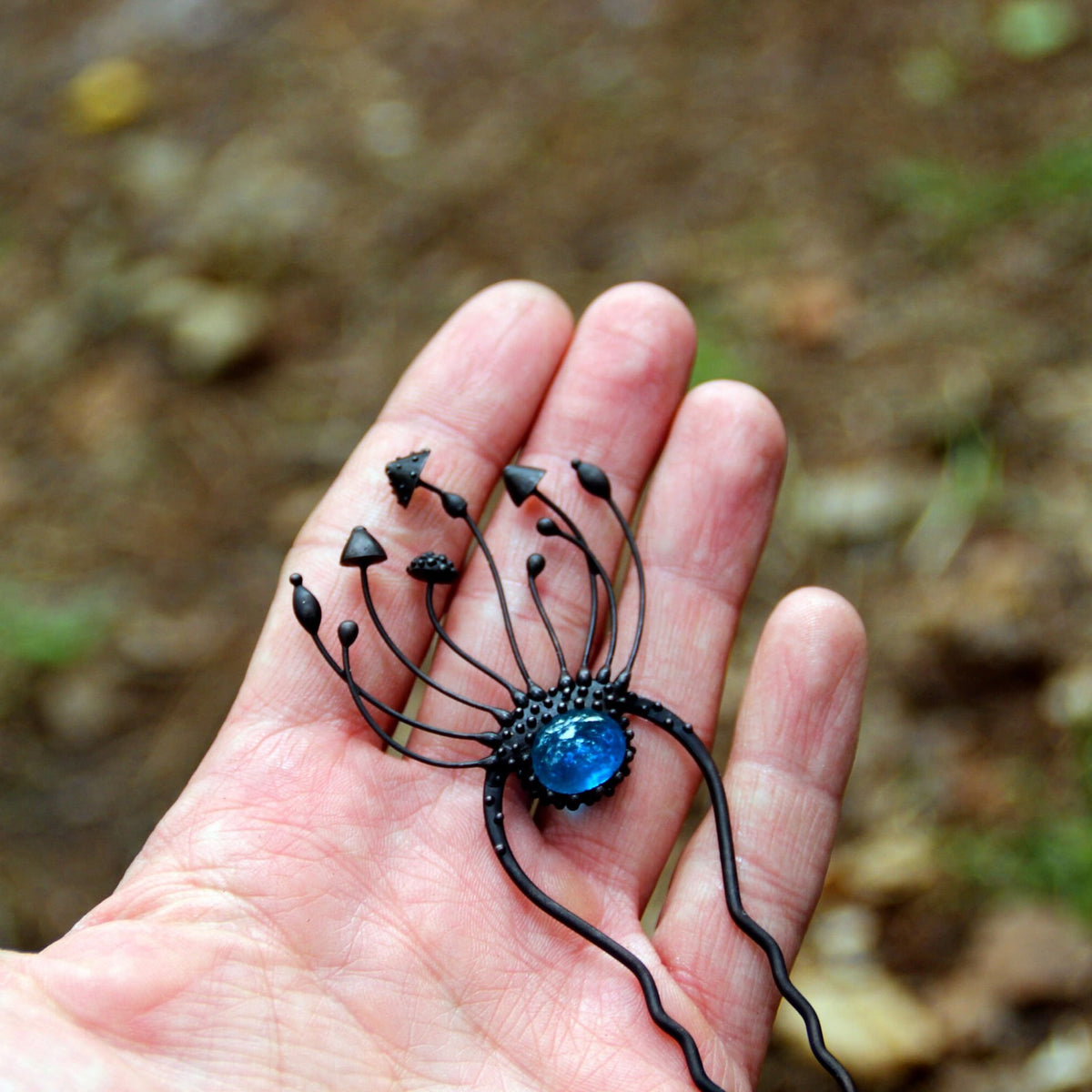 Blue Glass Mushroom Hair Pin – Blackened Copper Forest Hair Fork – Fairycore