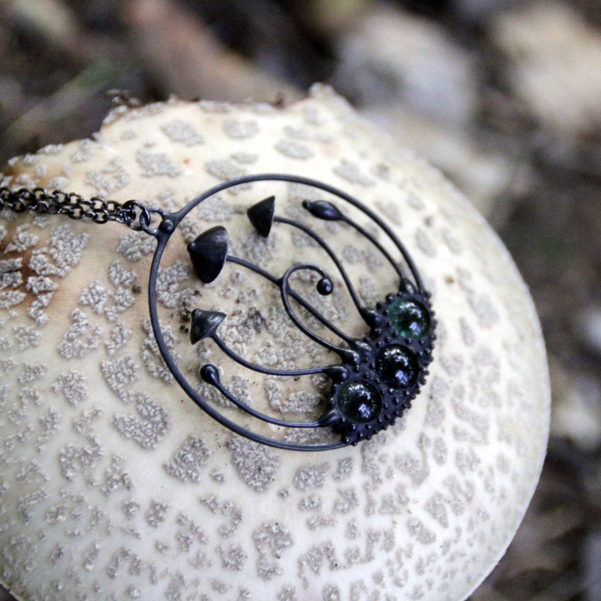 Green Glass Mushroom Necklace – Blackened Copper Round Forest Pendant – Botanical Fungi