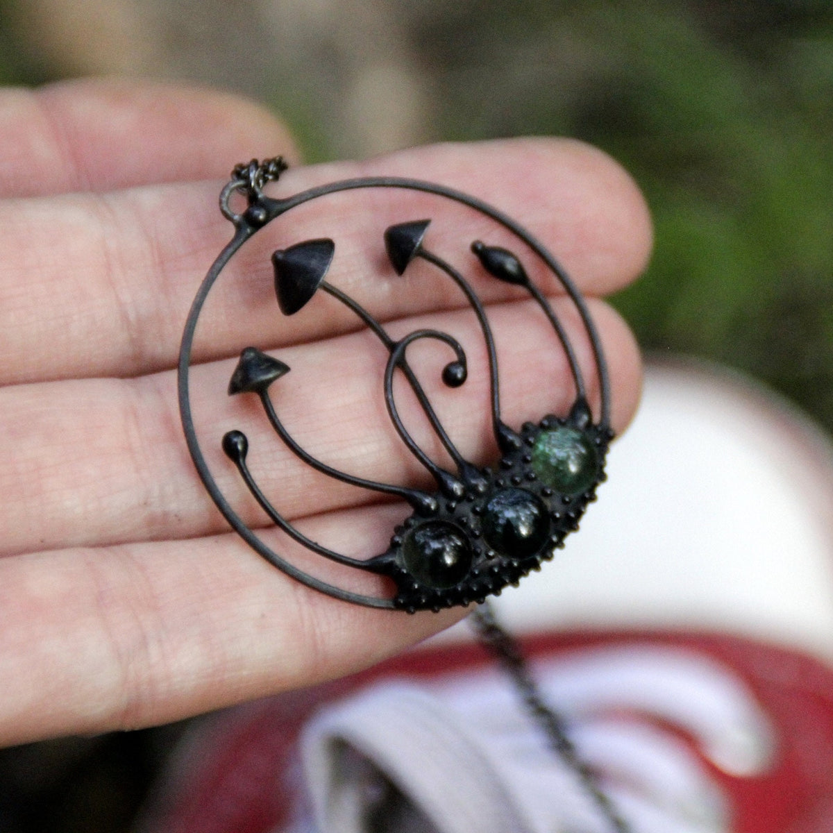 Green Glass Mushroom Necklace – Blackened Copper Round Forest Pendant – Botanical Fungi