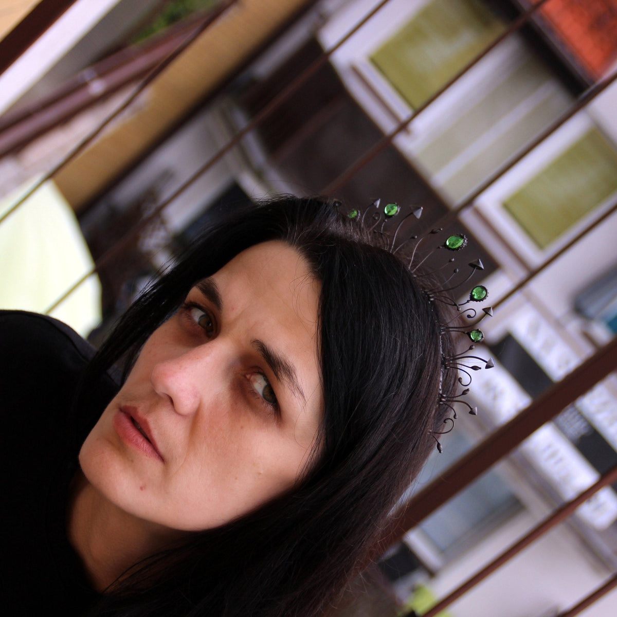 Black Mushroom Crown with Green Glass