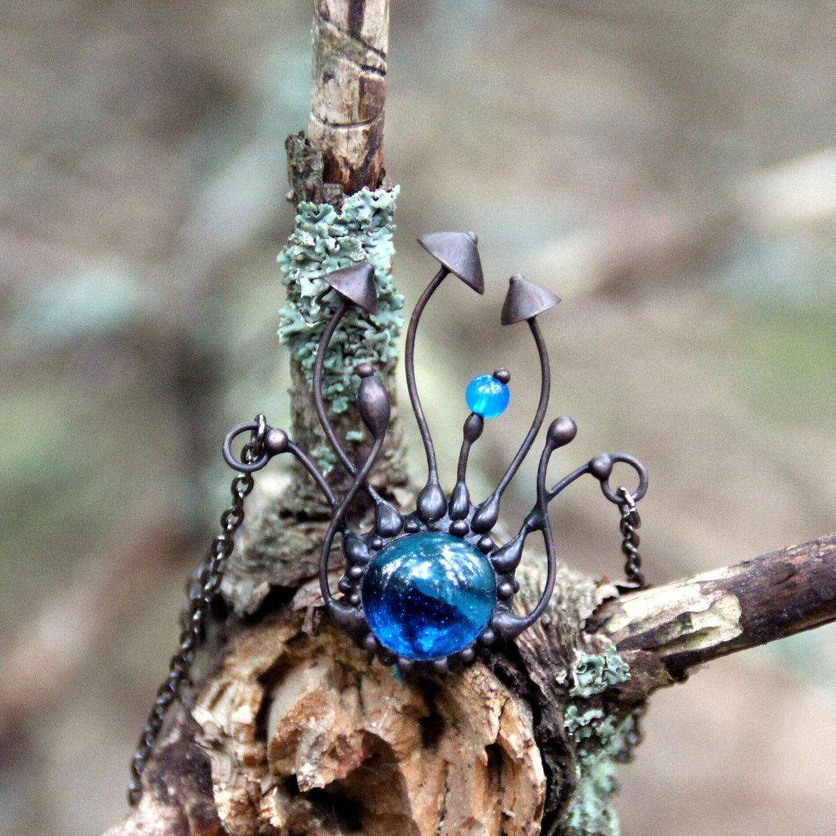 Blue Glass Mushroom Necklace – Blackened Copper & Pewter Forest Pendant – Woodland
