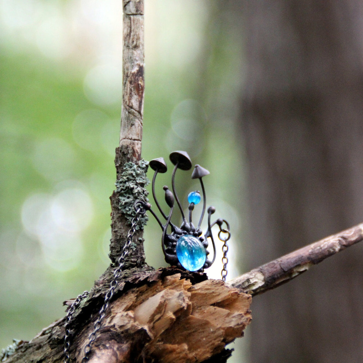Blue Glass Mushroom Necklace – Blackened Copper & Pewter Forest Pendant – Woodland