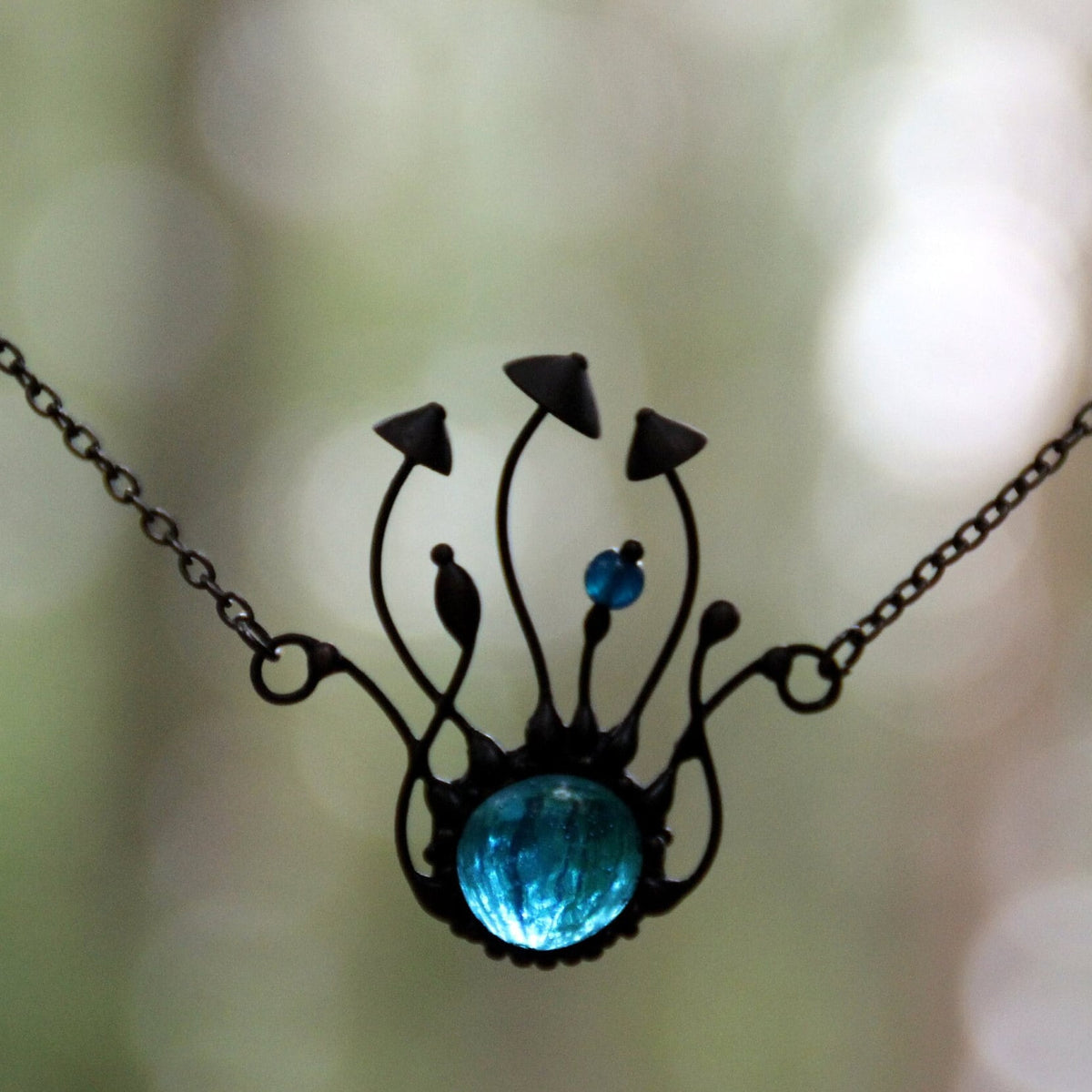Blue Glass Mushroom Necklace – Blackened Copper & Pewter Forest Pendant – Woodland