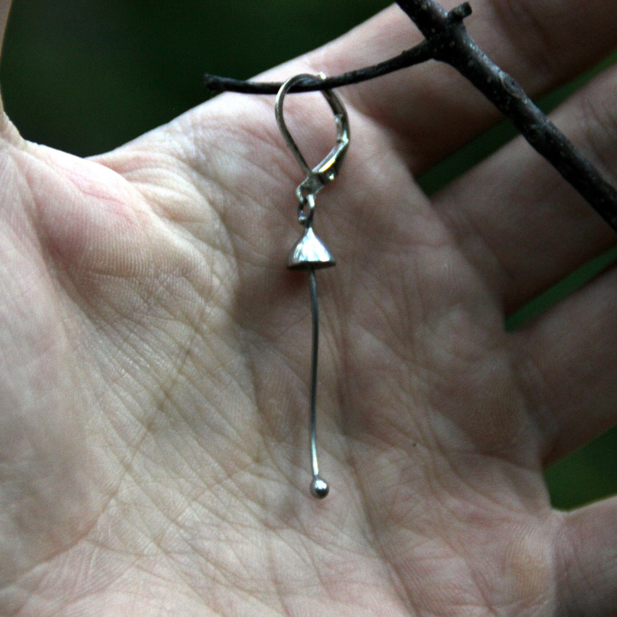 Silver Mushroom Single Earring – Long Stem Copper & Pewter Dangle – Minimalist Forest
