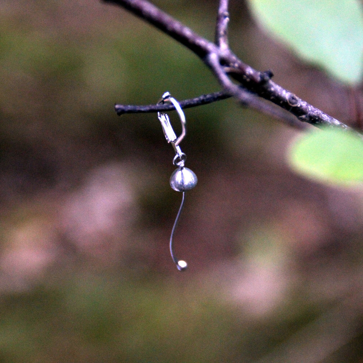 Silver Mushroom Single Earring – Long Stem Copper & Pewter Dangle – Minimalist Forest