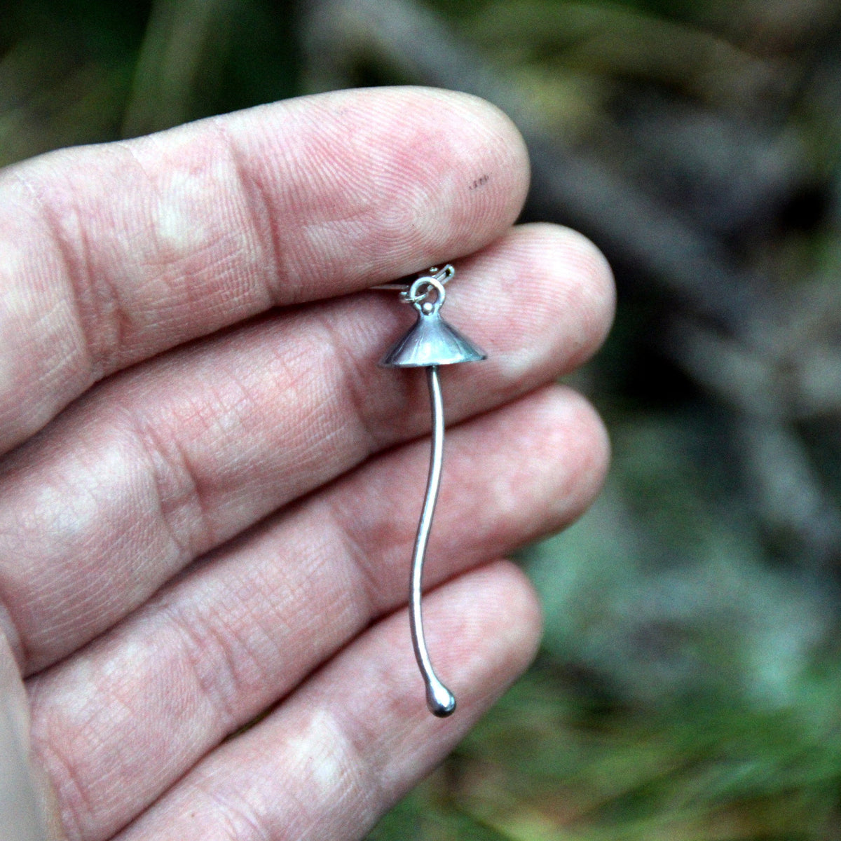 Silver Mushroom Single Earring – Long Stem Copper & Pewter Dangle – Psychedelic Forest