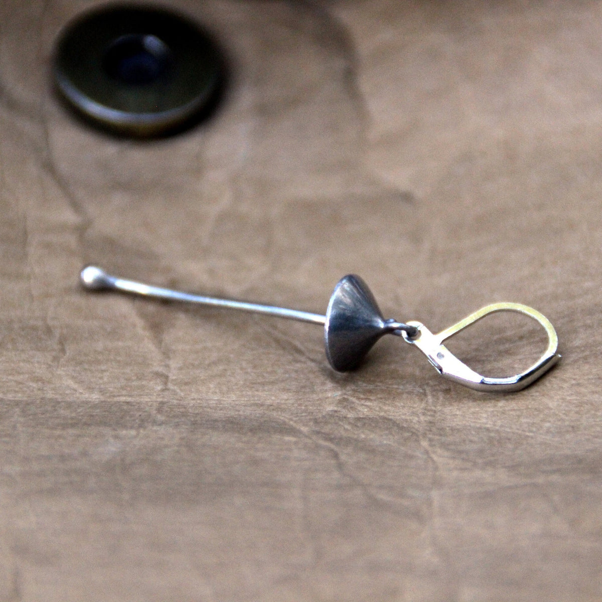 Silver Mushroom Single Earring – Long Stem Copper & Pewter Dangle – Psychedelic Forest