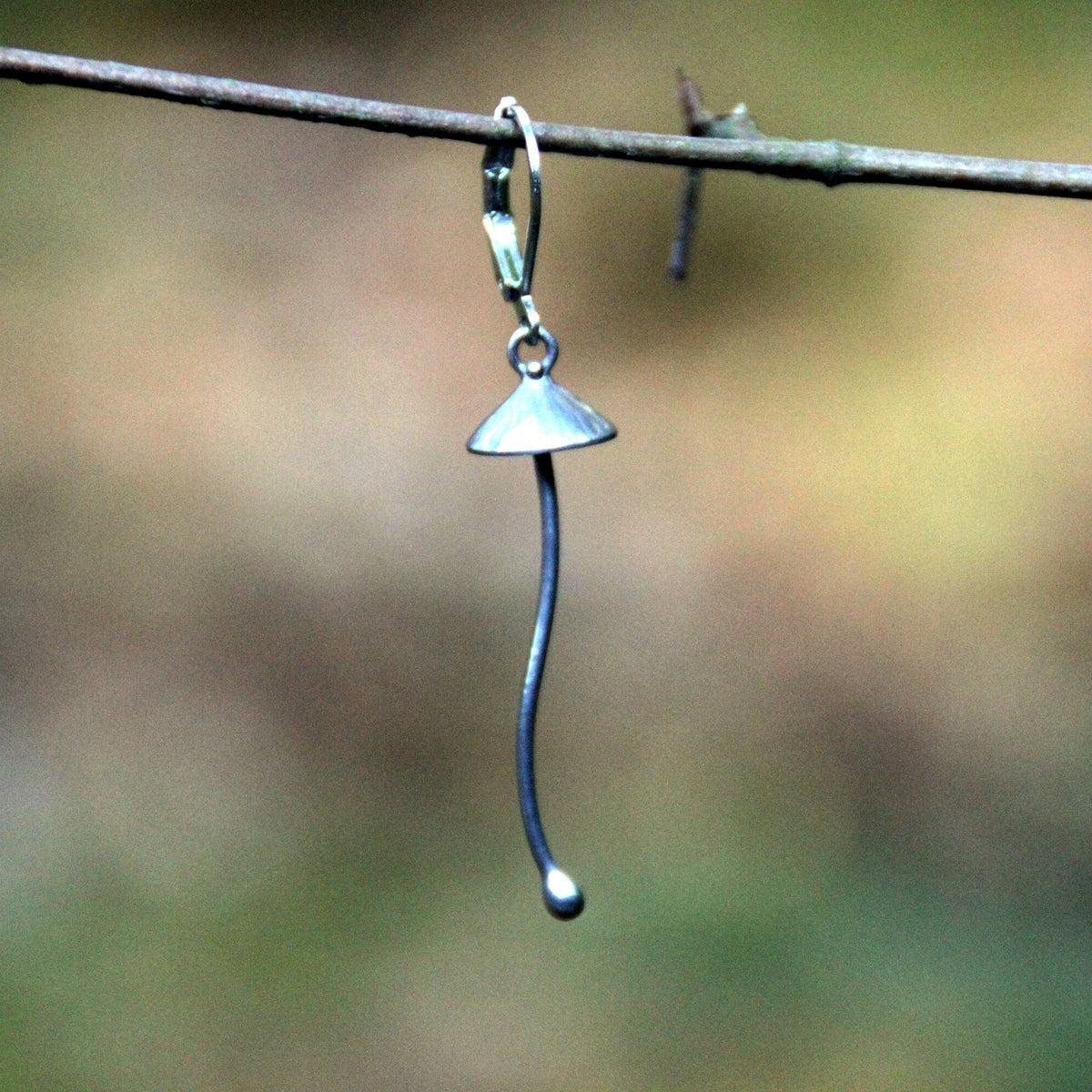 Silver Mushroom Single Earring – Long Stem Copper & Pewter Dangle – Psychedelic Forest