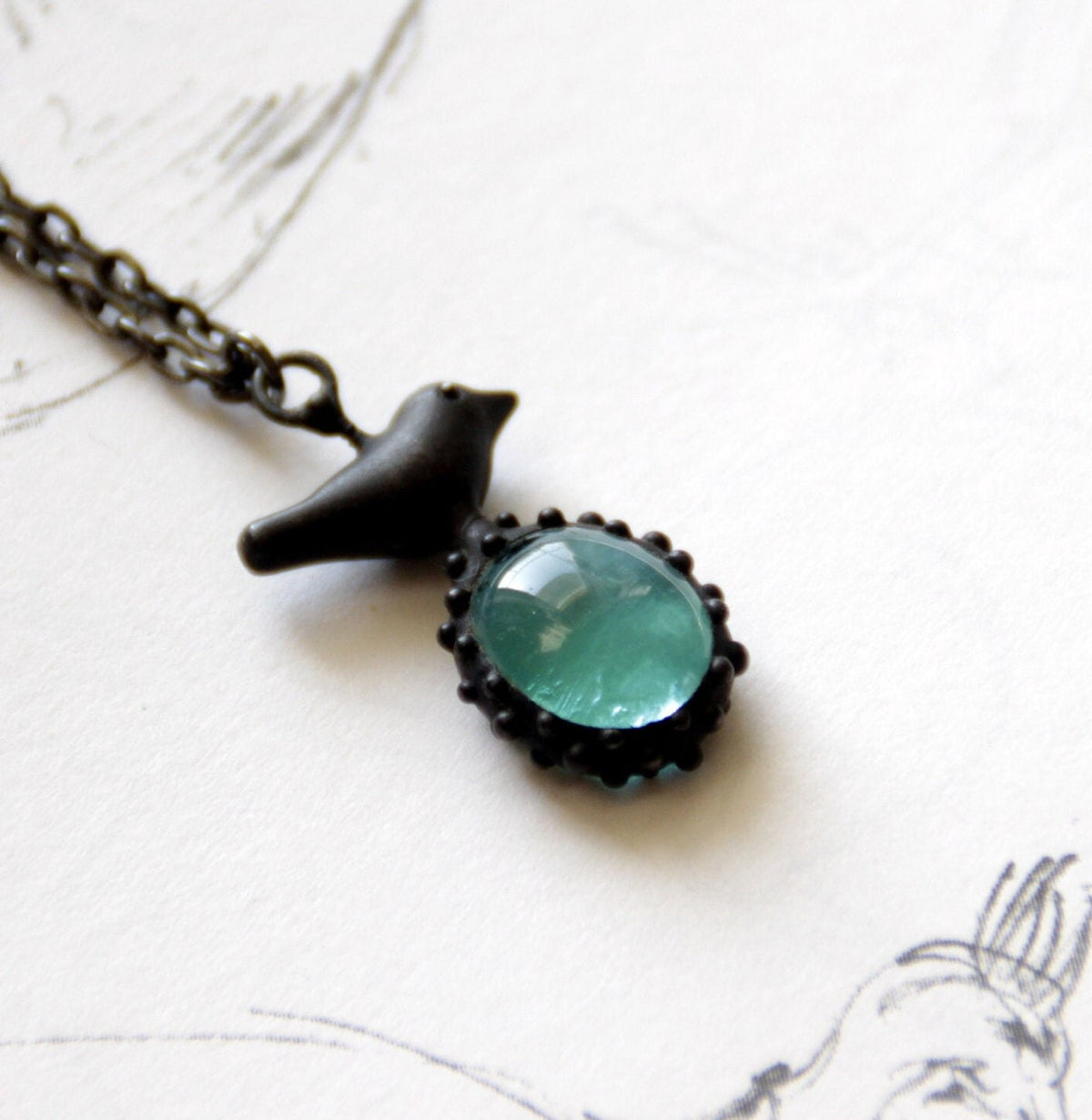 Teal Blue Glass Bird Necklace – Blackened Copper