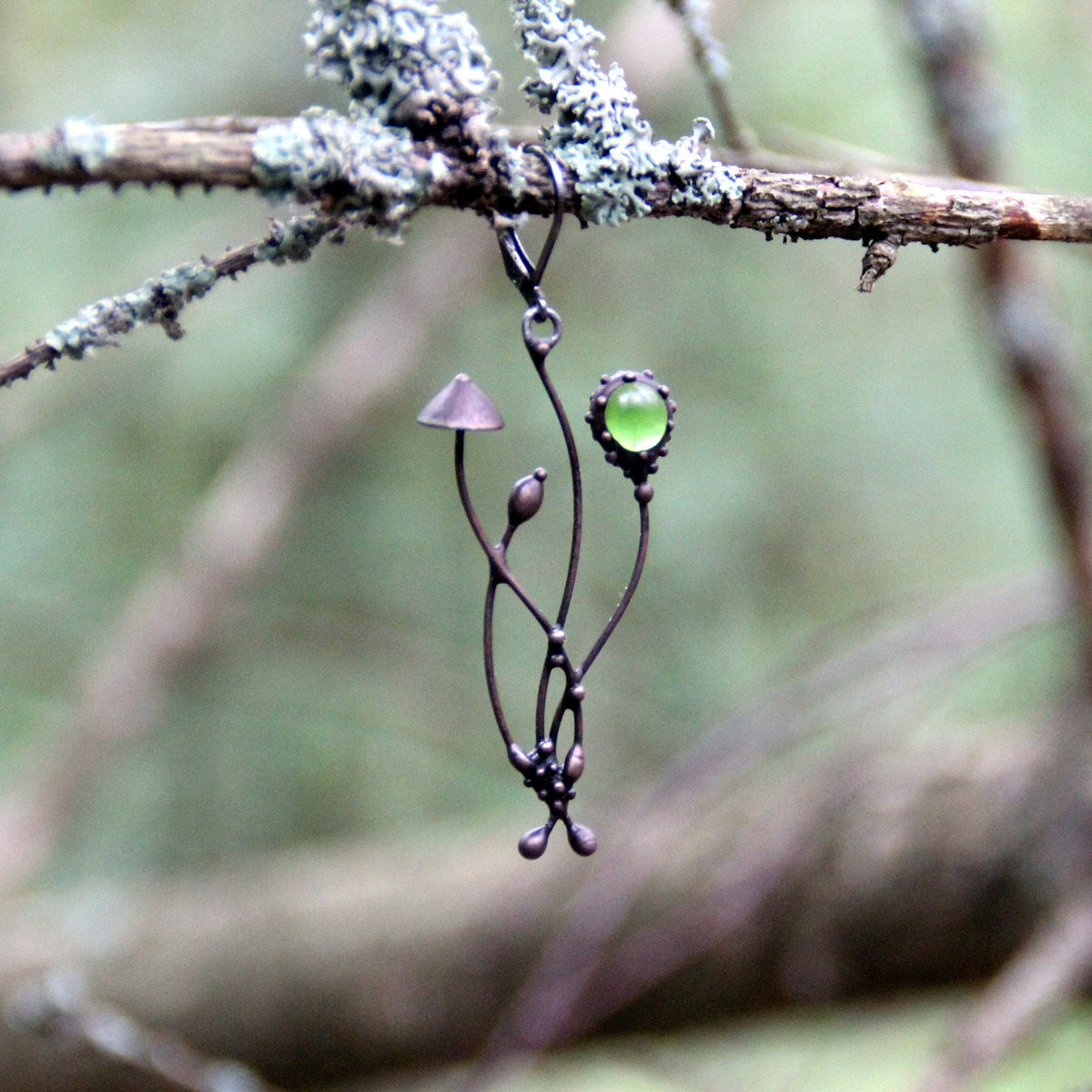 Green Glass Mushroom Single Earring – Blackened Copper & Pewter Woodland Dangle – Fairycore