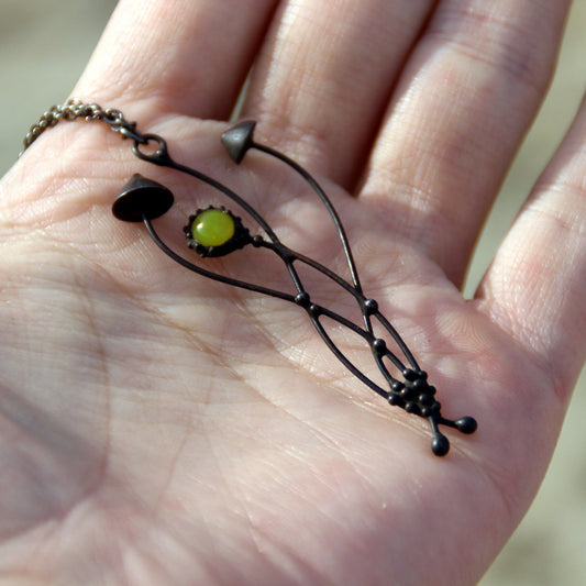Green Glass Mushroom Necklace – Blackened Copper & Pewter Forest Pendant – Botanical