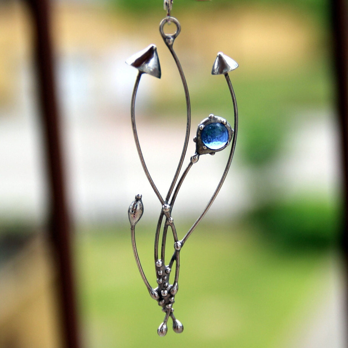 Blue Glass Mushroom Earring – Silver Tone
