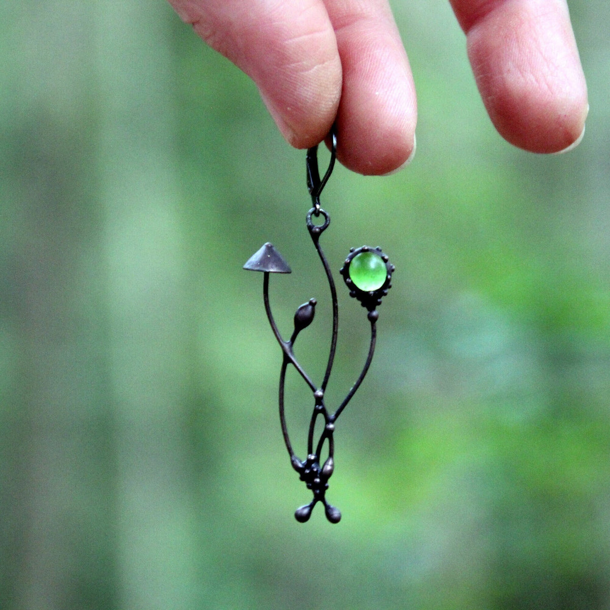 Green Glass Mushroom Single Earring – Blackened Copper & Pewter Woodland Dangle – Fairycore