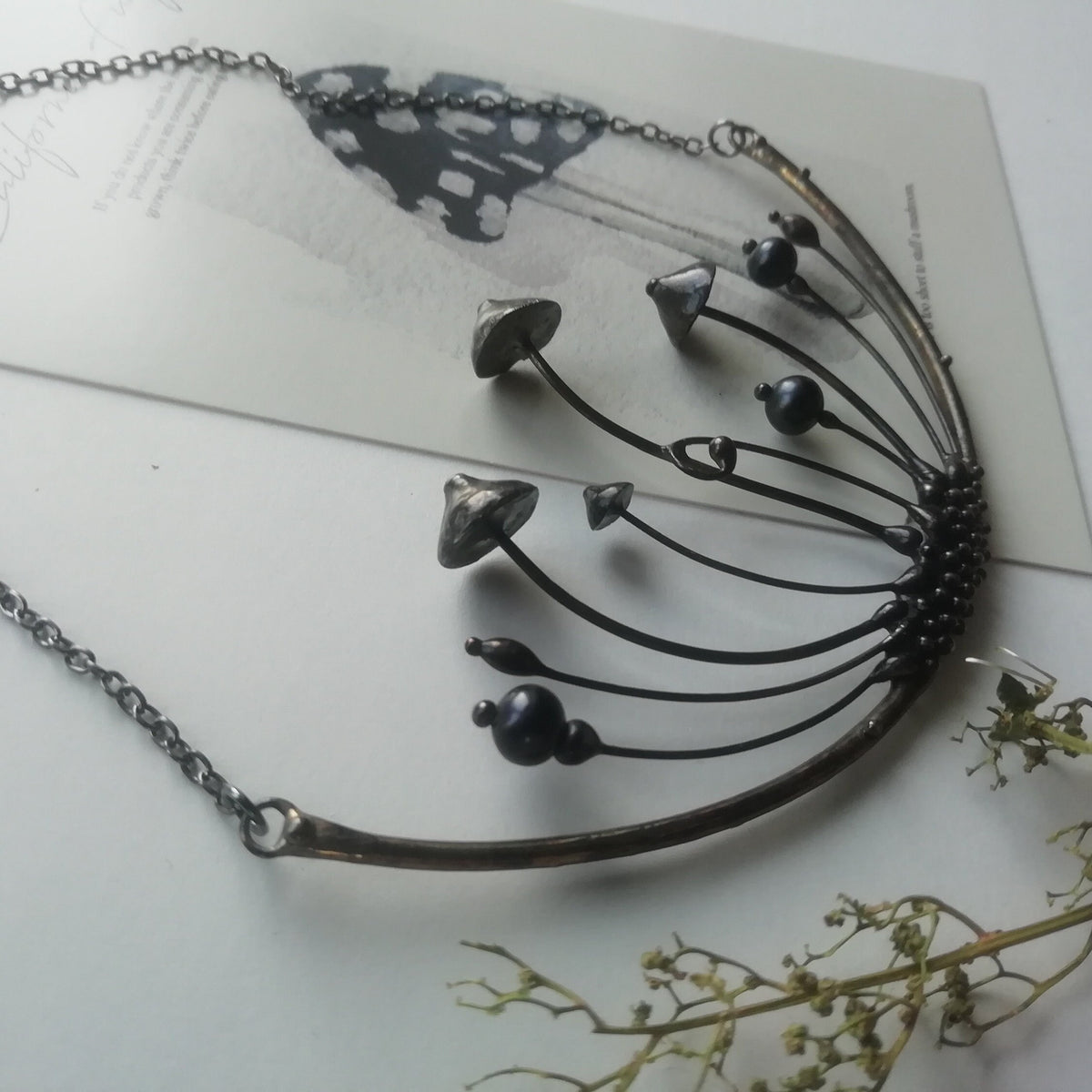 Large Hematite Mushroom Necklace – Blackened Copper