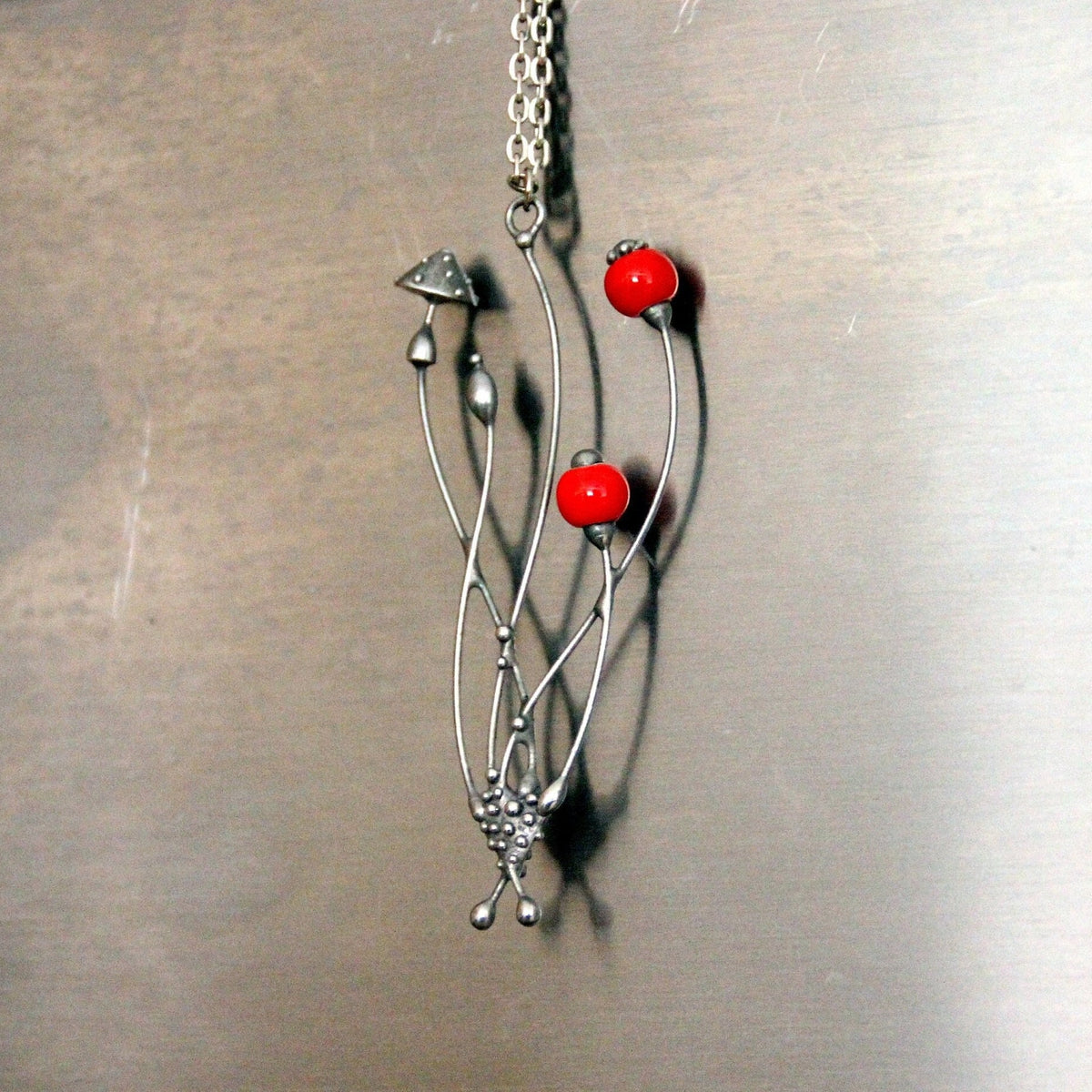 Red Glass Amanita Mushroom Necklace – Silver Tone