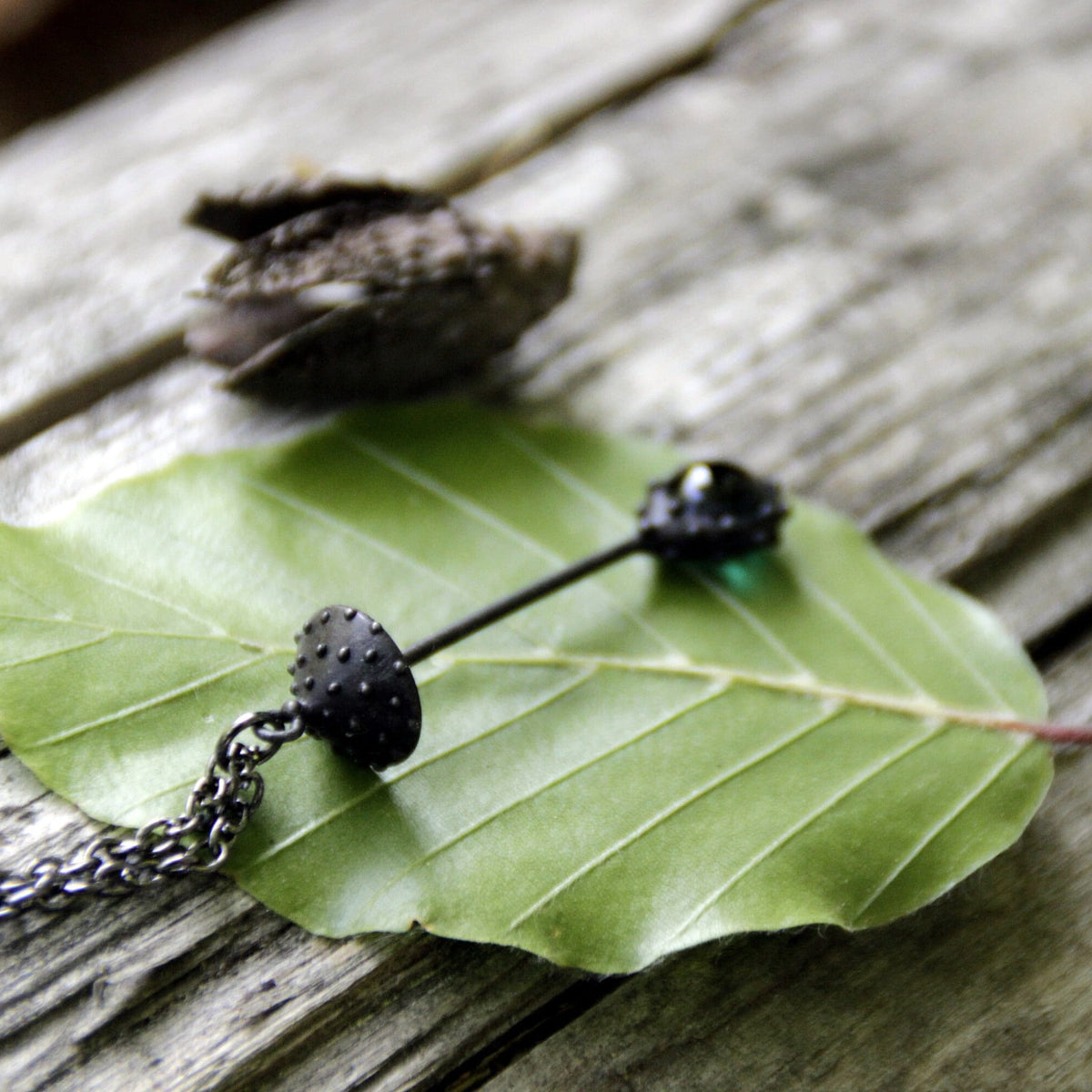 Green Glass Amanita Mushroom Necklace – Blackened Copper Long Stem Forest Pendant