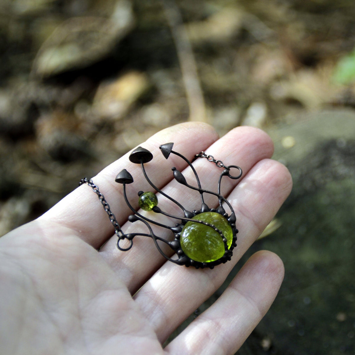 Green Glass Mushroom Necklace – Blackened Copper Fungi Pendant – Botanical Forest