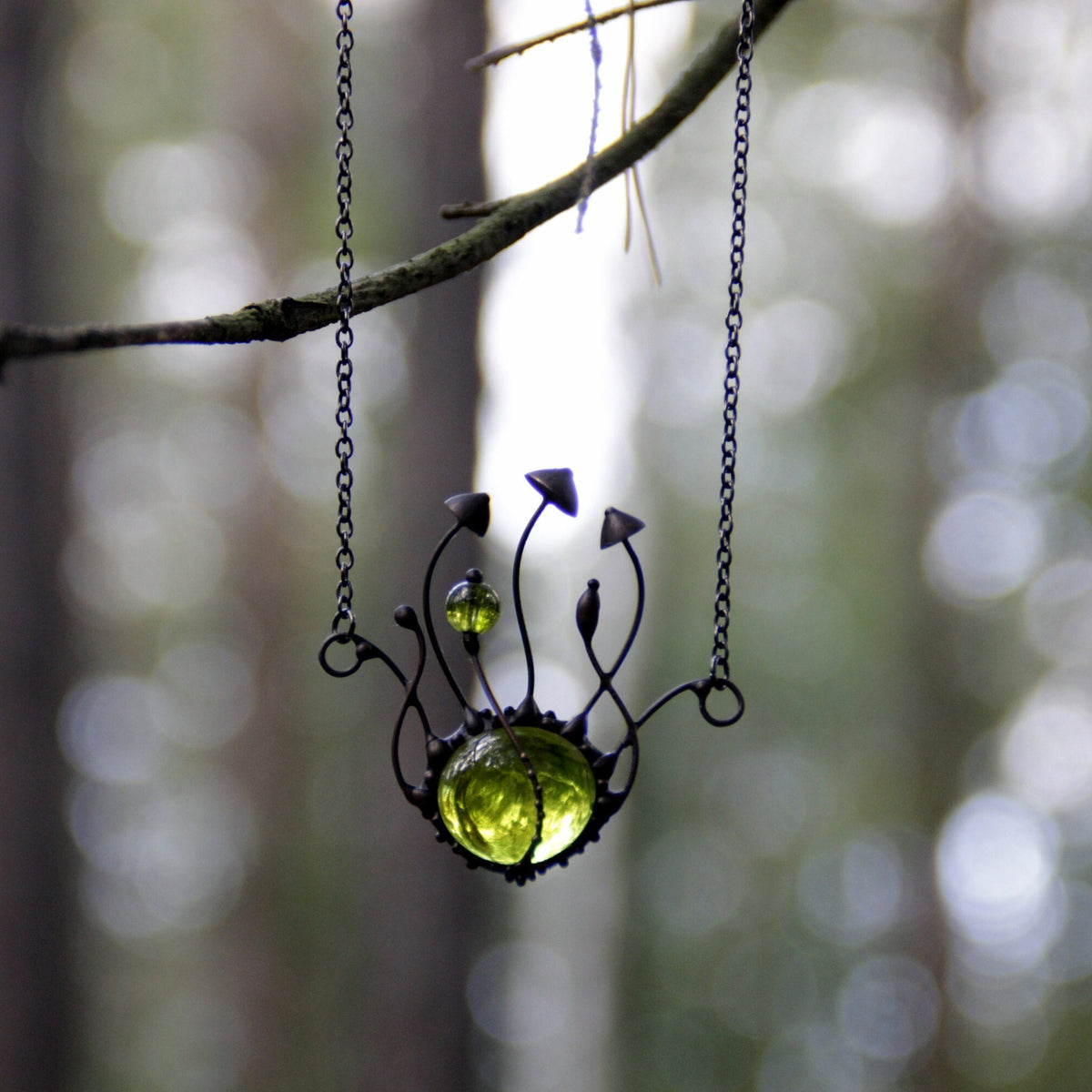Green Glass Mushroom Necklace – Blackened Copper Fungi Pendant – Botanical Forest