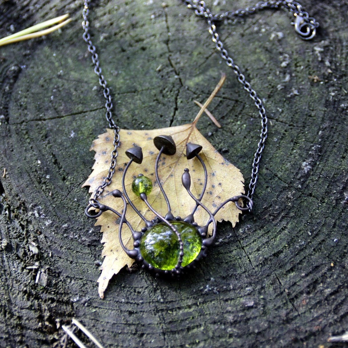 Green Glass Mushroom Necklace – Blackened Copper Fungi Pendant – Botanical Forest