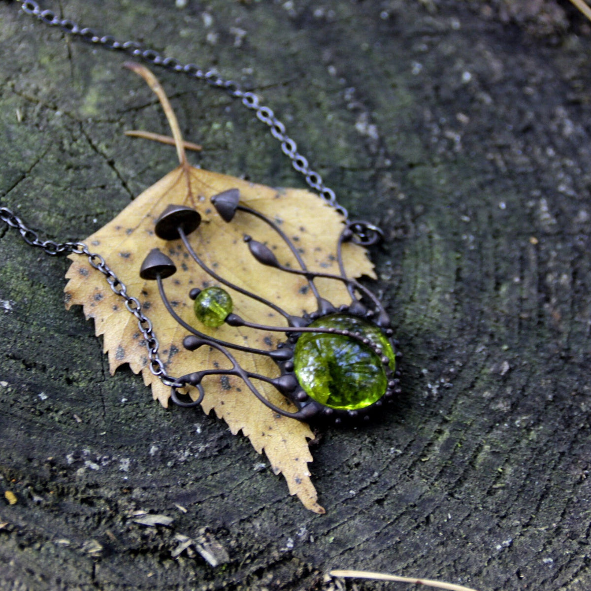 Green Glass Mushroom Necklace – Blackened Copper Fungi Pendant – Botanical Forest