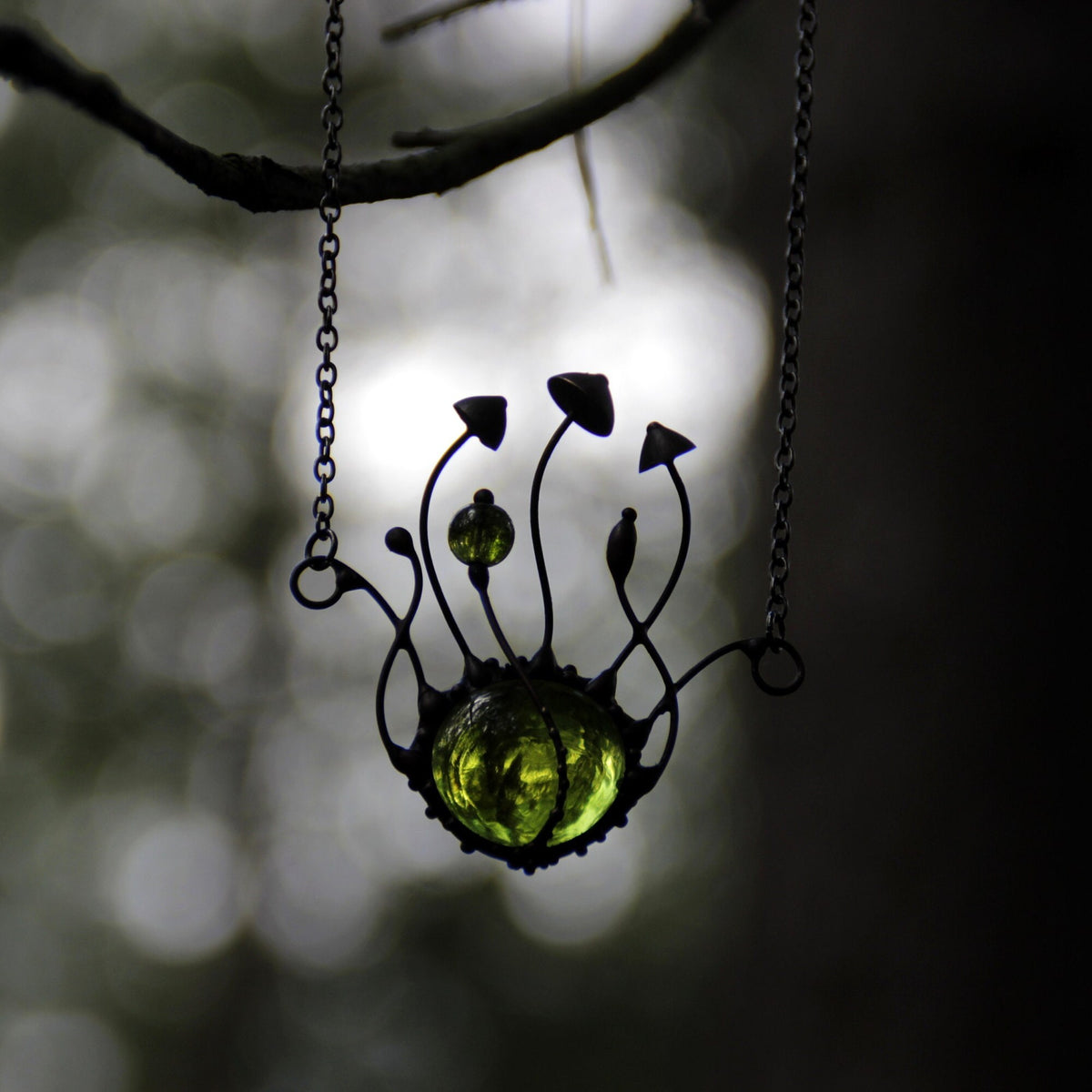 Green Glass Mushroom Necklace – Blackened Copper Fungi Pendant – Botanical Forest