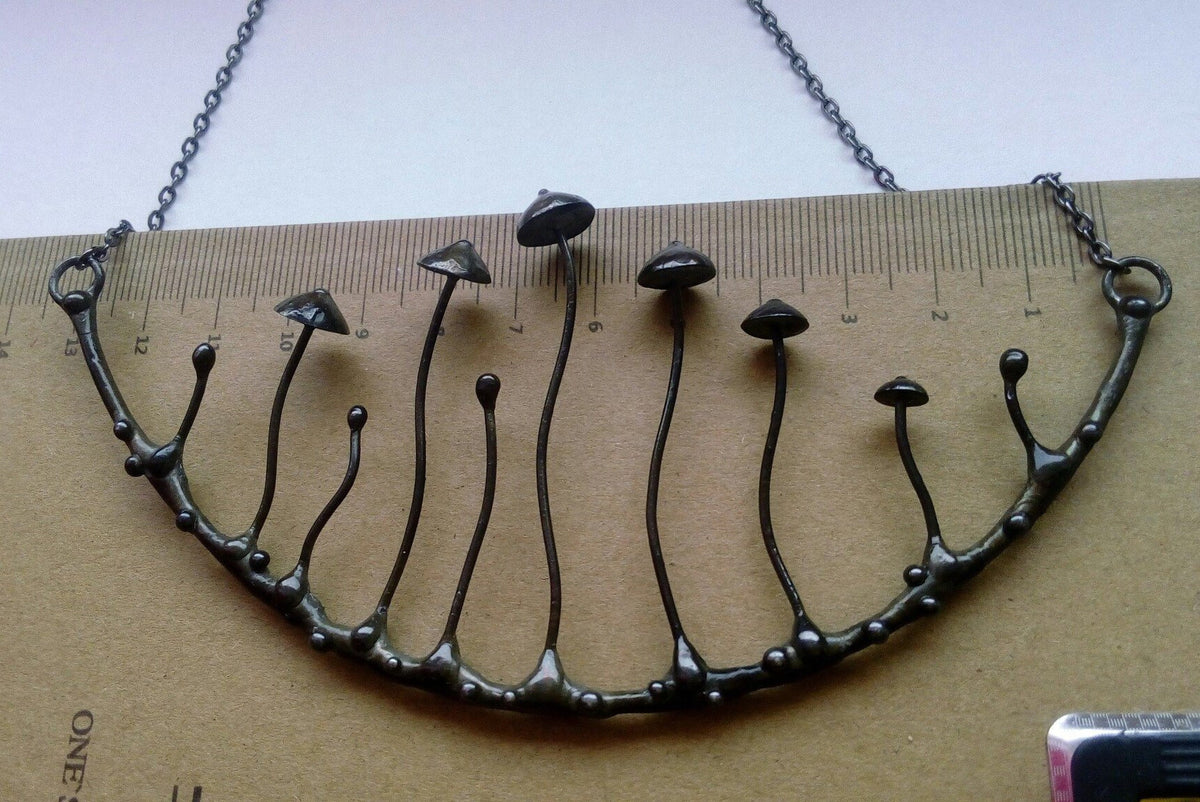 Large Mushroom Arc Necklace – Blackened Copper & Pewter Forest Collar – Sculptural Botanical
