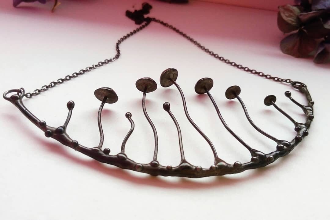 Large Mushroom Arc Necklace – Blackened Copper & Pewter Forest Collar – Sculptural Botanical