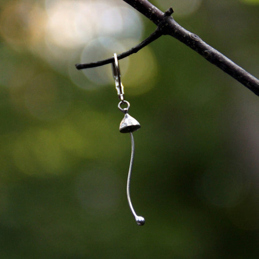 Silver Mushroom Single Earring – Long Stem Copper & Pewter Dangle – Minimalist Forest
