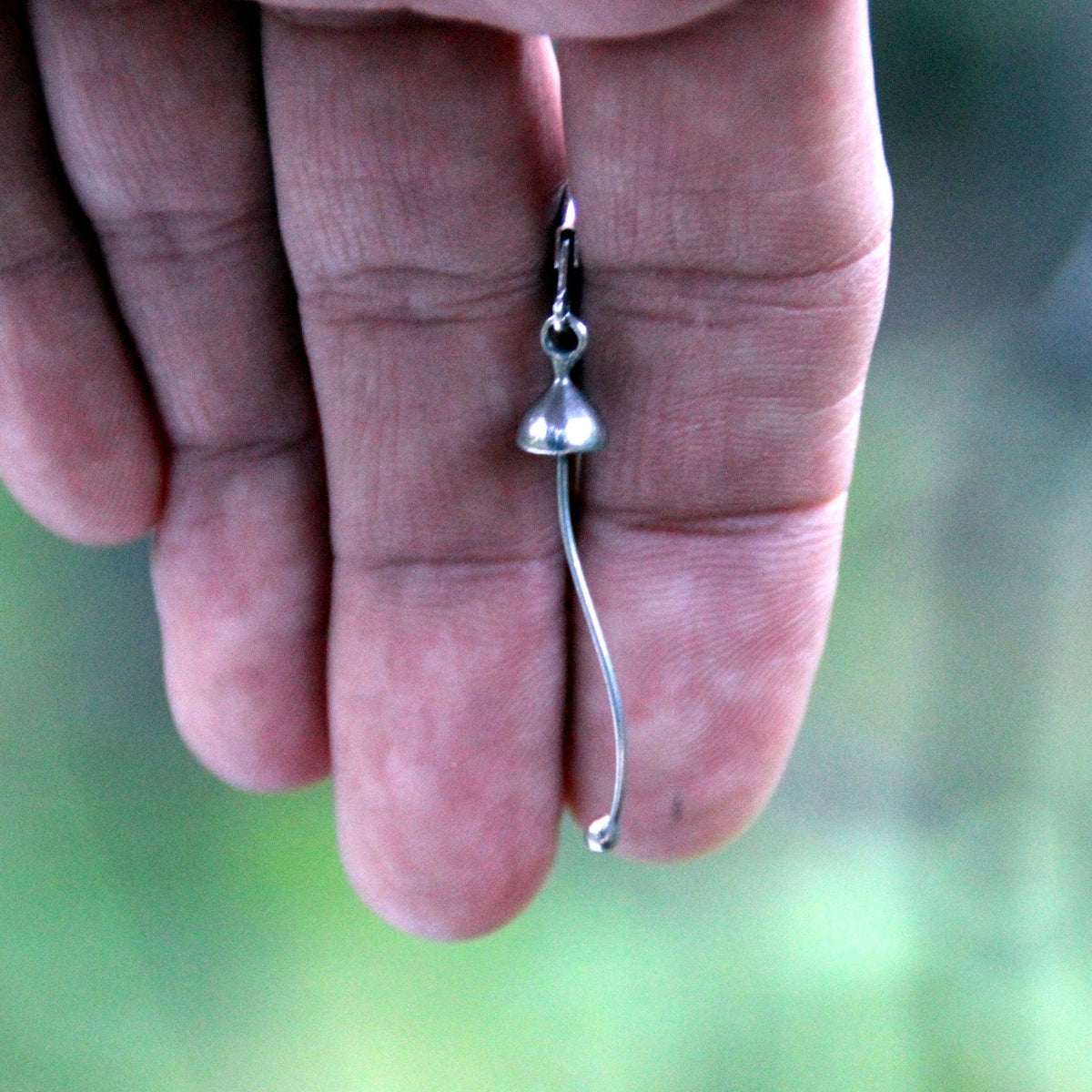 Silver Mushroom Single Earring – Long Stem Copper & Pewter Dangle – Minimalist Forest