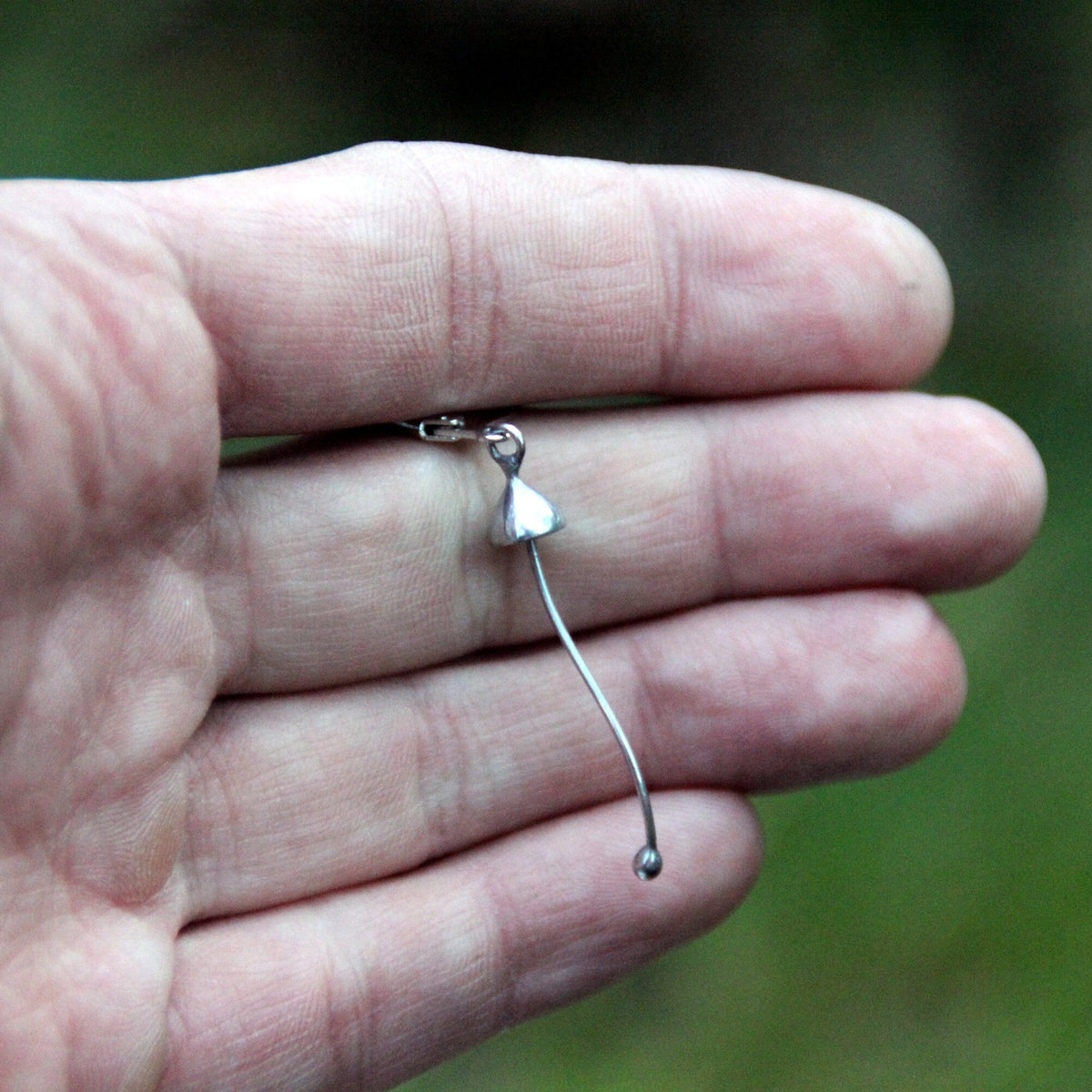 Silver Mushroom Single Earring – Long Stem Copper & Pewter Dangle – Minimalist Forest