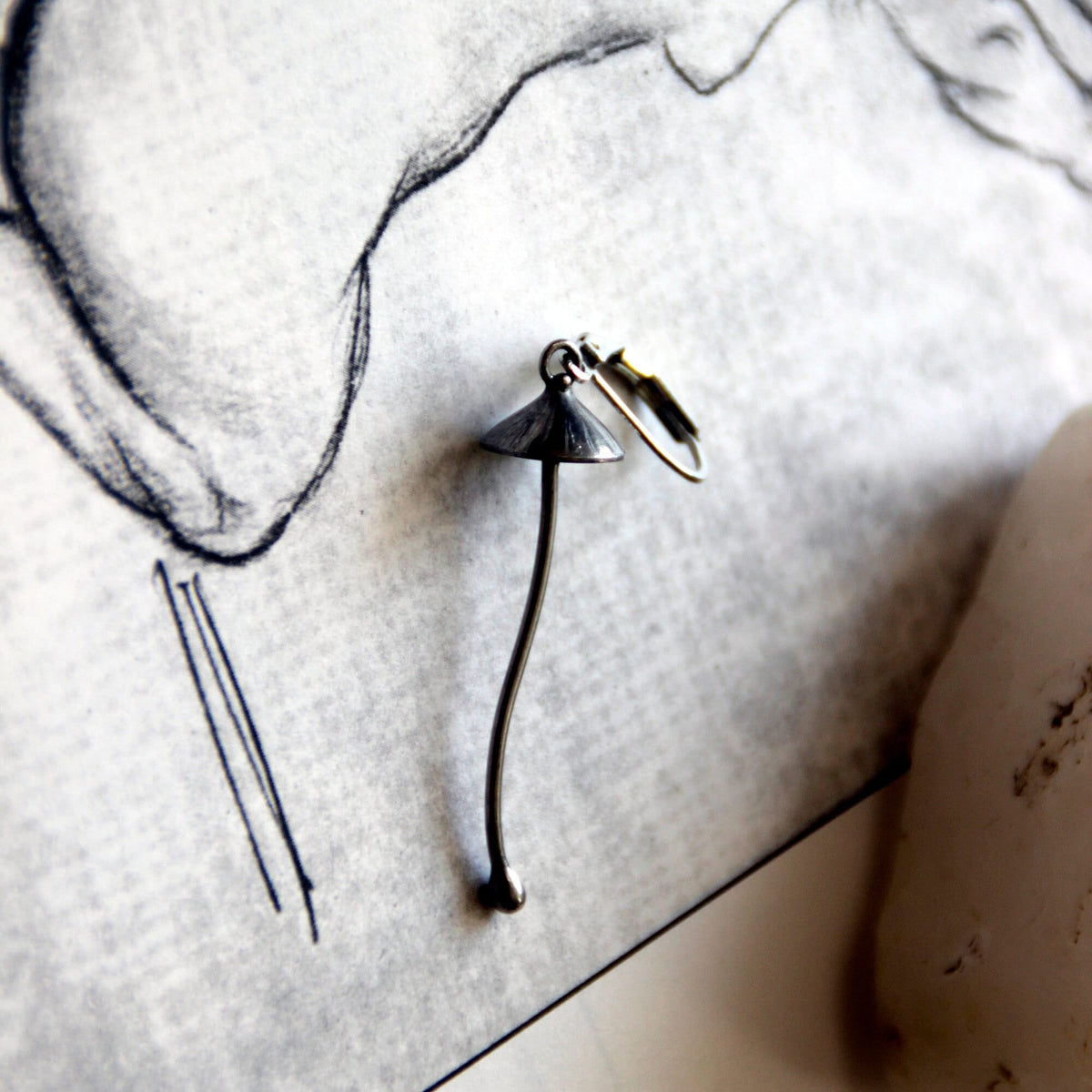 Silver Mushroom Single Earring – Long Stem Copper & Pewter Dangle – Psychedelic Forest