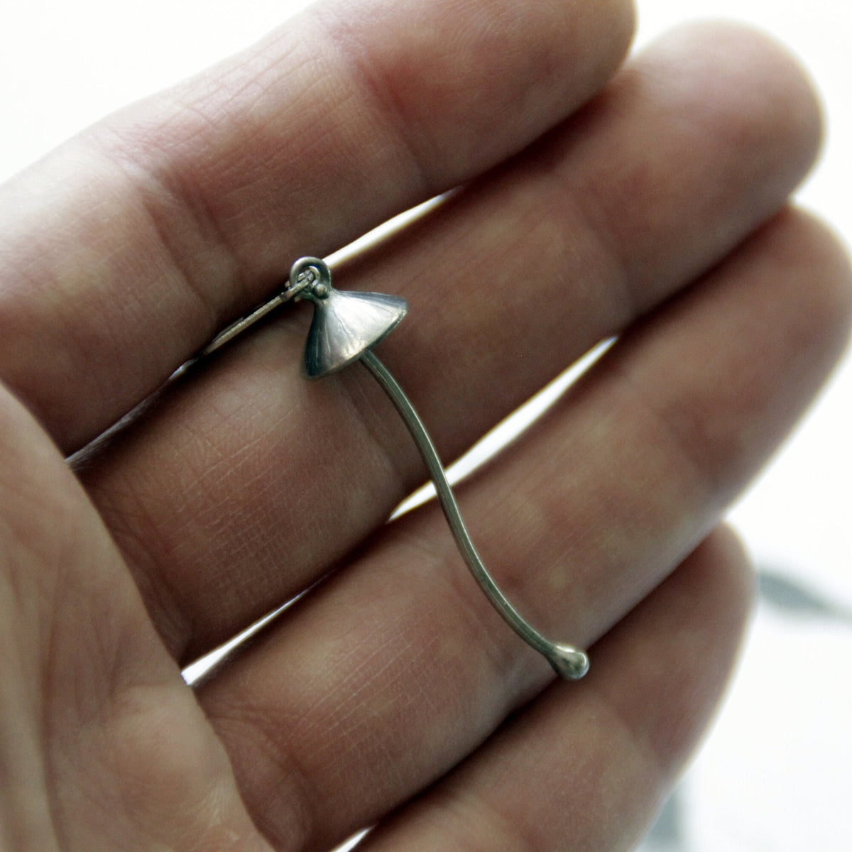 Silver Mushroom Single Earring – Long Stem Copper & Pewter Dangle – Psychedelic Forest