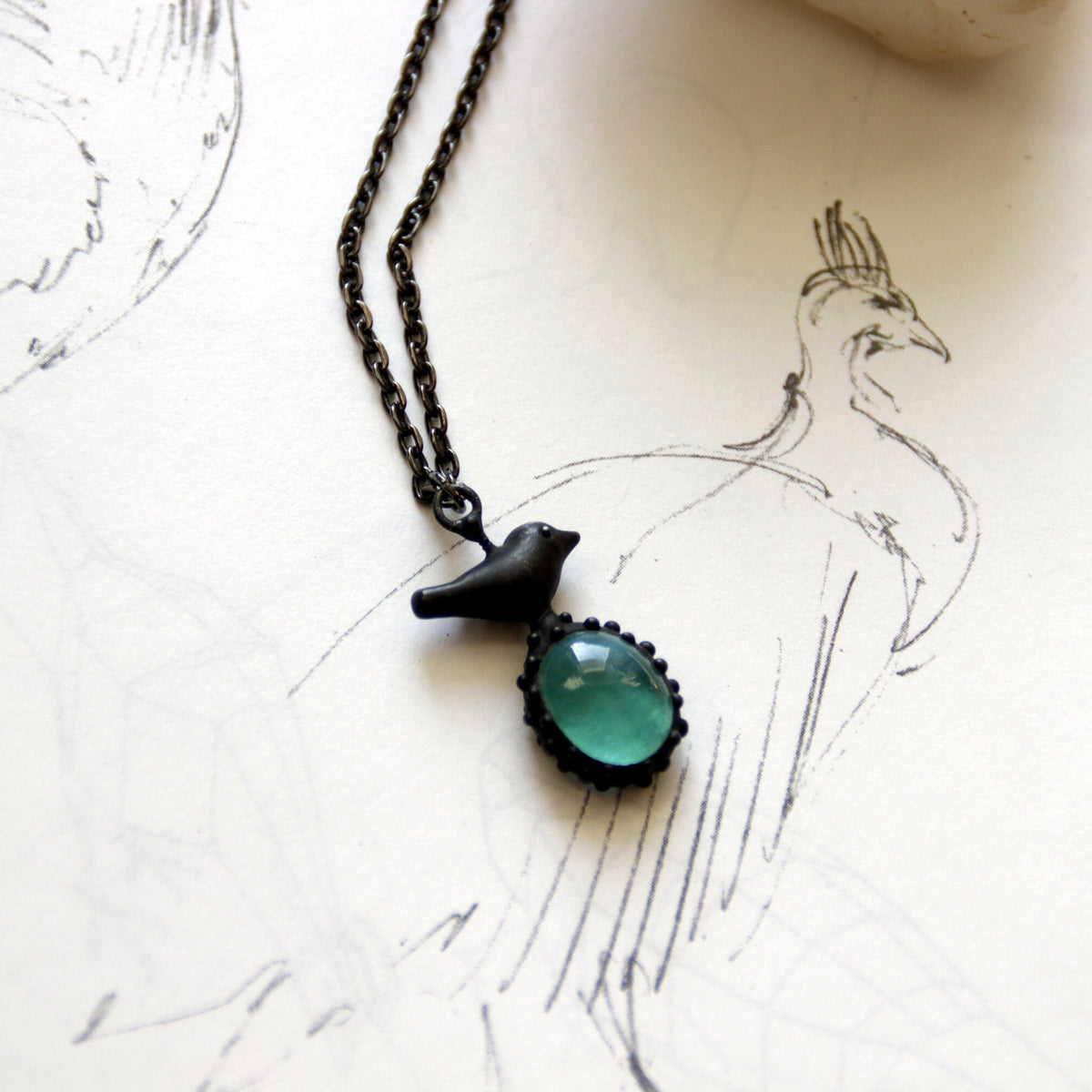 Teal Blue Glass Bird Necklace – Blackened Copper
