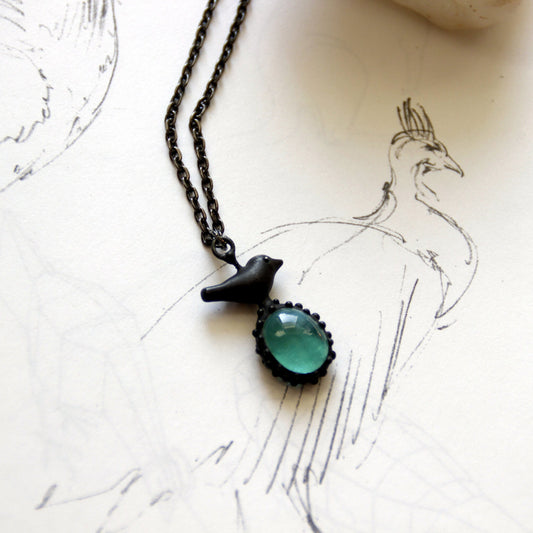 Teal Blue Glass Bird Necklace – Blackened Copper