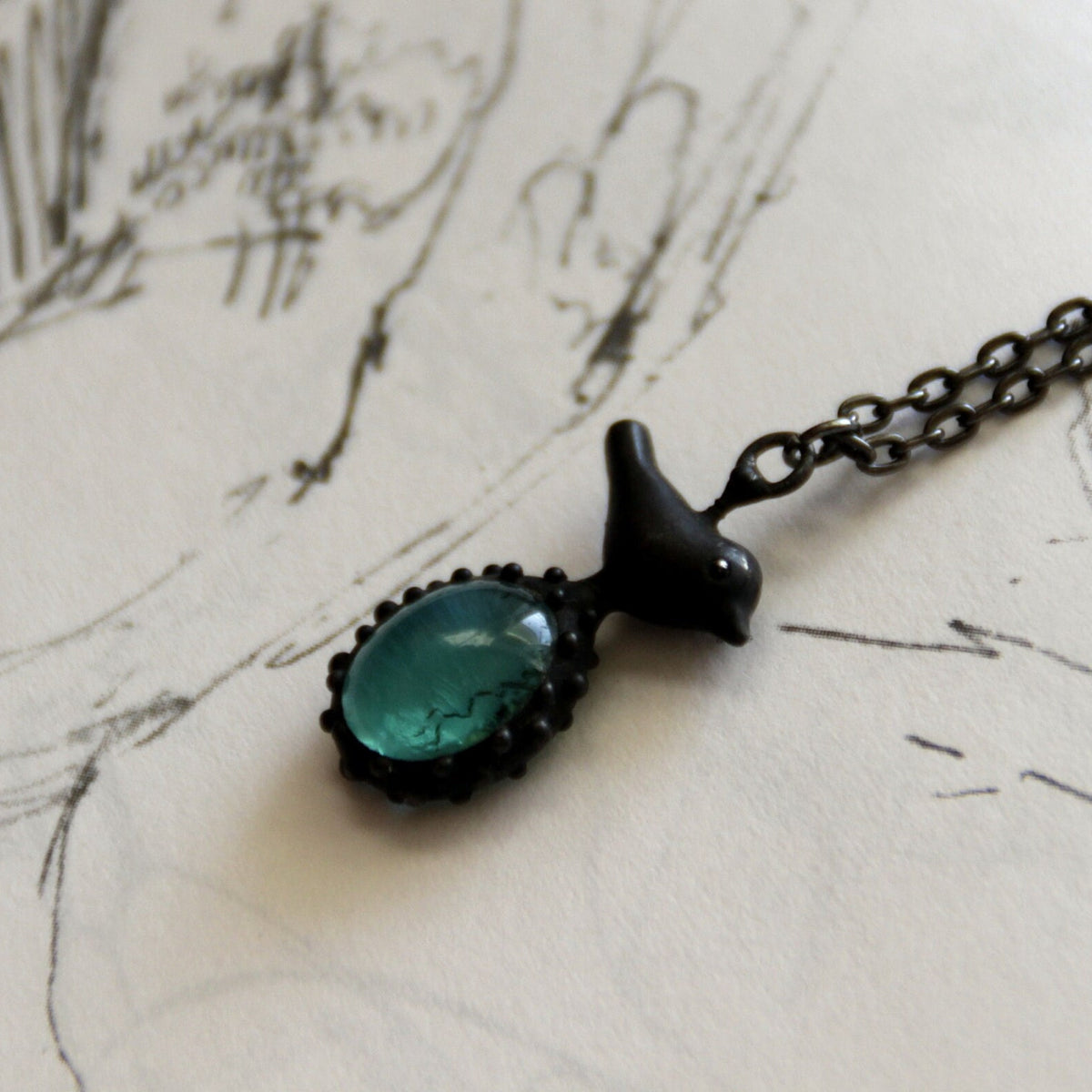Teal Blue Glass Bird Necklace – Blackened Copper