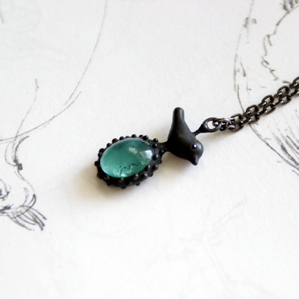 Teal Blue Glass Bird Necklace – Blackened Copper