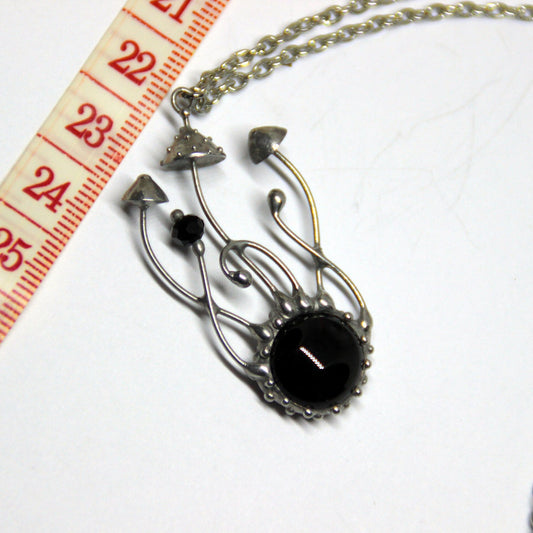 Black Glass Mushroom Necklace – Silver Tone