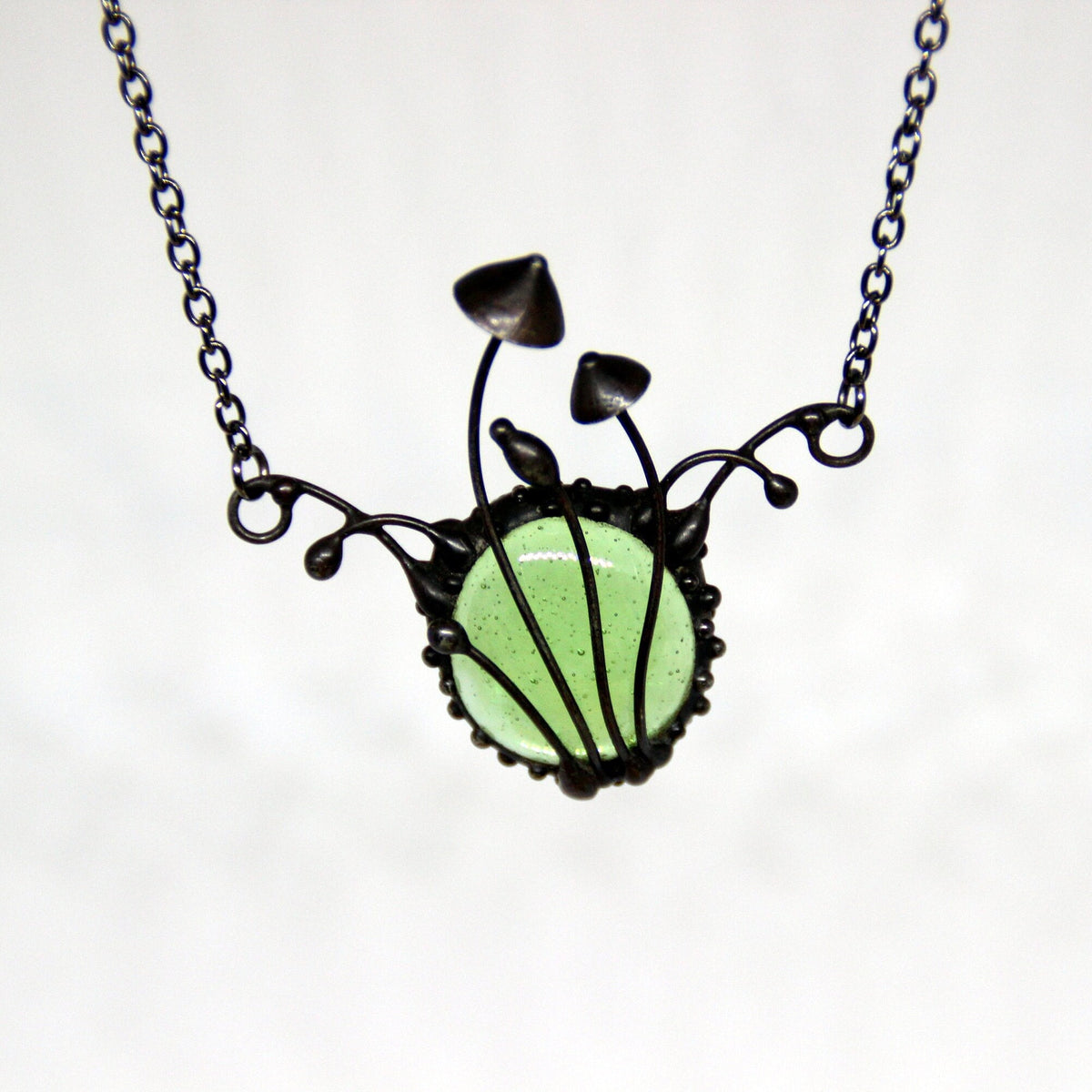 Green Glass Mushroom Necklace – Blackened Copper & Pewter Fairycore Pendant – Forest