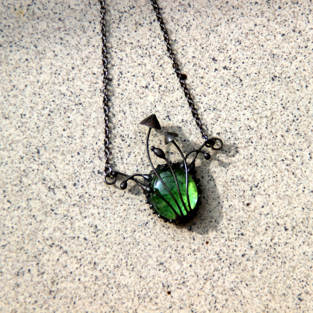 Green Glass Mushroom Necklace – Blackened Copper & Pewter Fairycore Pendant – Forest
