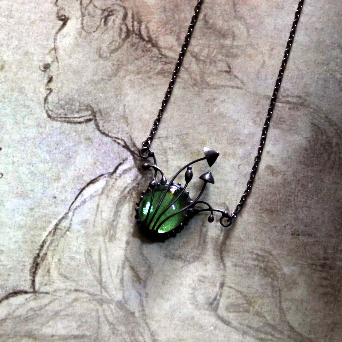 Green Glass Mushroom Necklace – Blackened Copper & Pewter Fairycore Pendant – Forest