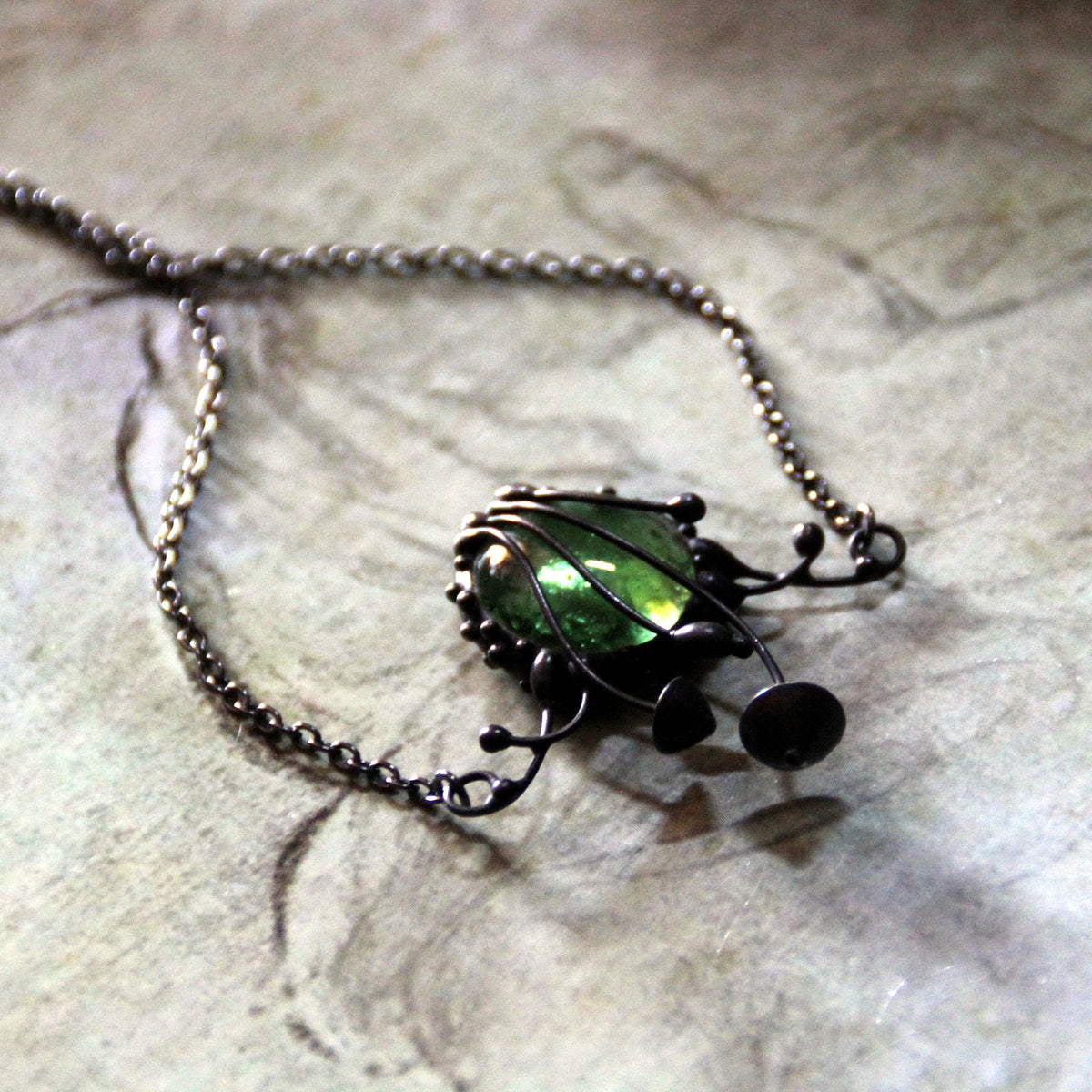 Green Glass Mushroom Necklace – Blackened Copper & Pewter Fairycore Pendant – Forest