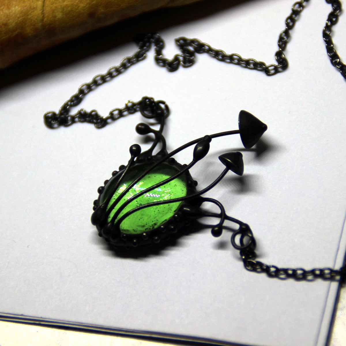 Green Glass Mushroom Necklace – Blackened Copper & Pewter Fairycore Pendant – Forest